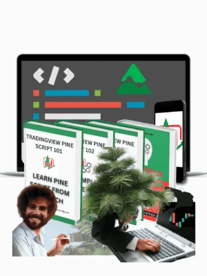 An image promoting a bundle bonus: "Learn TradingView Pinescript." A laptop displaying TradingView's interface is shown, with code written in Pinescript language visible on the screen. Charts, indicators, and tools are visible, indicating educational content about coding custom indicators and strategies on the TradingView platform.