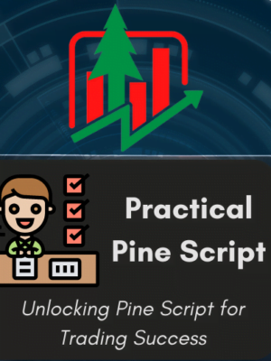 An image representing the Practical Pine Script Course. A computer screen displays a code editor with the Practical Pine Script Course logo. Pinescript code is visible, demonstrating a hands-on approach to learning how to code custom indicators and strategies on TradingView. The course aims to provide practical skills in using Pinescript for trading analysis.