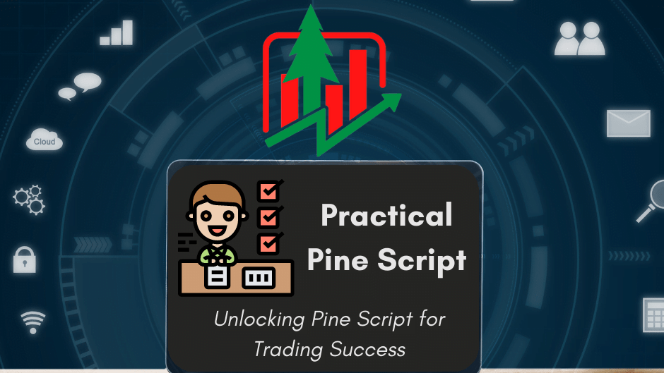 An image representing the Practical Pine Script Course. A computer screen displays a code editor with the Practical Pine Script Course logo. Pinescript code is visible, demonstrating a hands-on approach to learning how to code custom indicators and strategies on TradingView. The course aims to provide practical skills in using Pinescript for trading analysis.