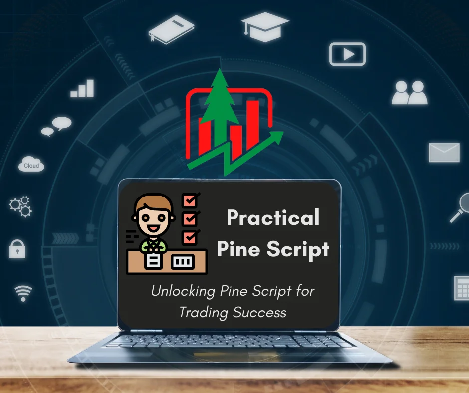 An image representing the Practical Pine Script Course. A computer screen displays a code editor with the Practical Pine Script Course logo. Pinescript code is visible, demonstrating a hands-on approach to learning how to code custom indicators and strategies on TradingView. The course aims to provide practical skills in using Pinescript for trading analysis.