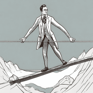 An image of a trader walking on a tightrope, signifying balance.
