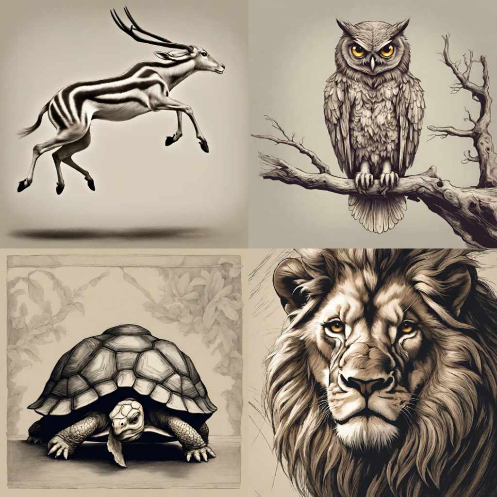 Featured Image for Trading Psychology Profile Assessment: Four trader types depicted in one composite image - the impulsive gazelle, the wise owl, the steady tortoise, and the fearless lion, highlighting the diverse trading psychology profiles.